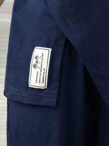 SHEIN 少女针织休闲不对称下摆 T 恤和长裤套装，带英文印花标签 - 寶藍色 - 查看 8
