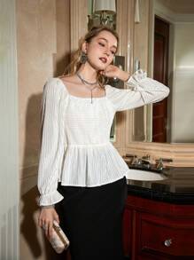 GENKIRA Chemise À Col Carré Texturé Avec Ourlet À Volants, Manches Longues - Blanc - Voir 1