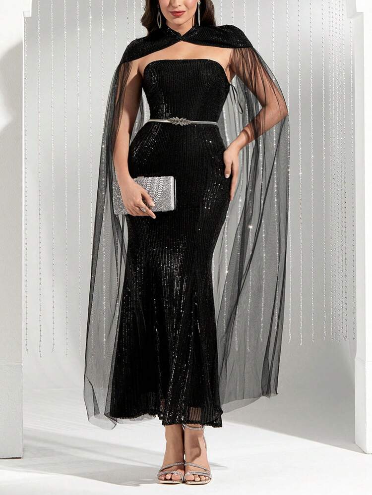 Women'S Glitter Strapless Mermaid Hem Dress And Mesh Contrast Coat 2pcs/Set 2 Piece Set