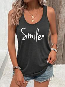 INAWLY Letter Print Round Neck Casual Tank Top - Dark Grey - View 5