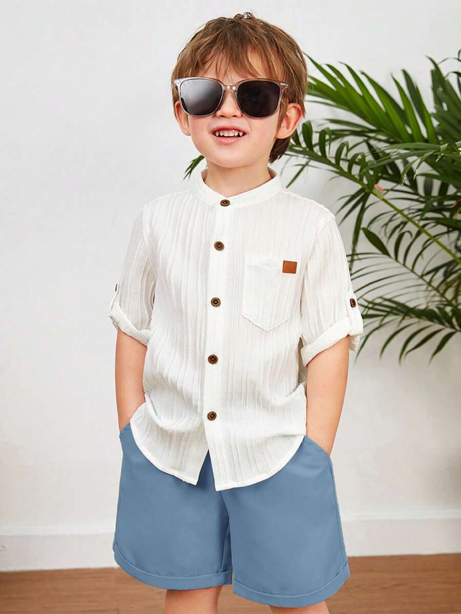 SHEIN Conjunto De Camisa Y Pantalón Corto De Manga Enrollada Cómodo, Transpirable Y De Color Sólido Estilo Casual Universitario Para Jóvenes - Azul - Ver 1