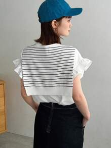 DAZY Women's Striped Poncho, Business Casual Knitted Top,Ruffle - White - View 2