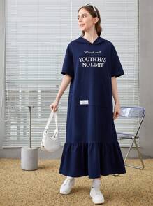 SHEIN Teen Girl Casual Dress With Letter Print, Patch Pocket, Ruffle Trim Hem - Royal Blue - View 1