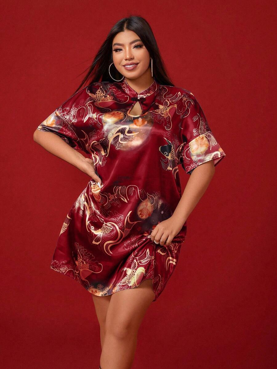 SHEIN Clasi Plus Size Women's Traditional Chinese Style Cheongsam Dress With Koi Fish Print - Red - View 1