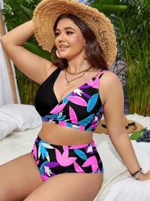 SHEIN Swim Curve Summer Beach Plus Size Plant Printed Cut-Out Asymmetrical Shoulder Strap Bra & Bikini Set Bottom Bikini Set - Coral Pink - View 5