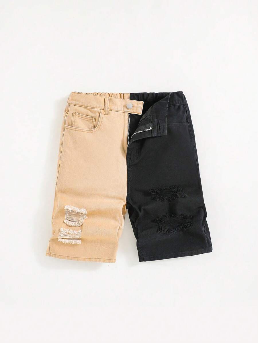 SHEIN Teen Boys' Ripped Frayed Color Block Denim Shorts, For Spring And Summer - Multicolor - View 1