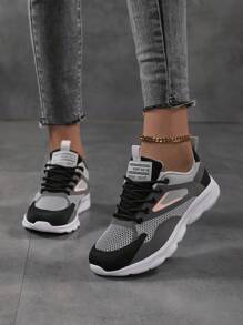 女士透气飞行编织厚底运动鞋，休闲系带户外鞋，舒适低帮跑步鞋加大码