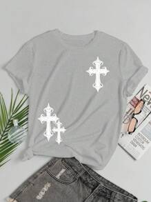 SHEIN Plus Size Cross Print Round Neck T-Shirt Graphic Tees Women Tops