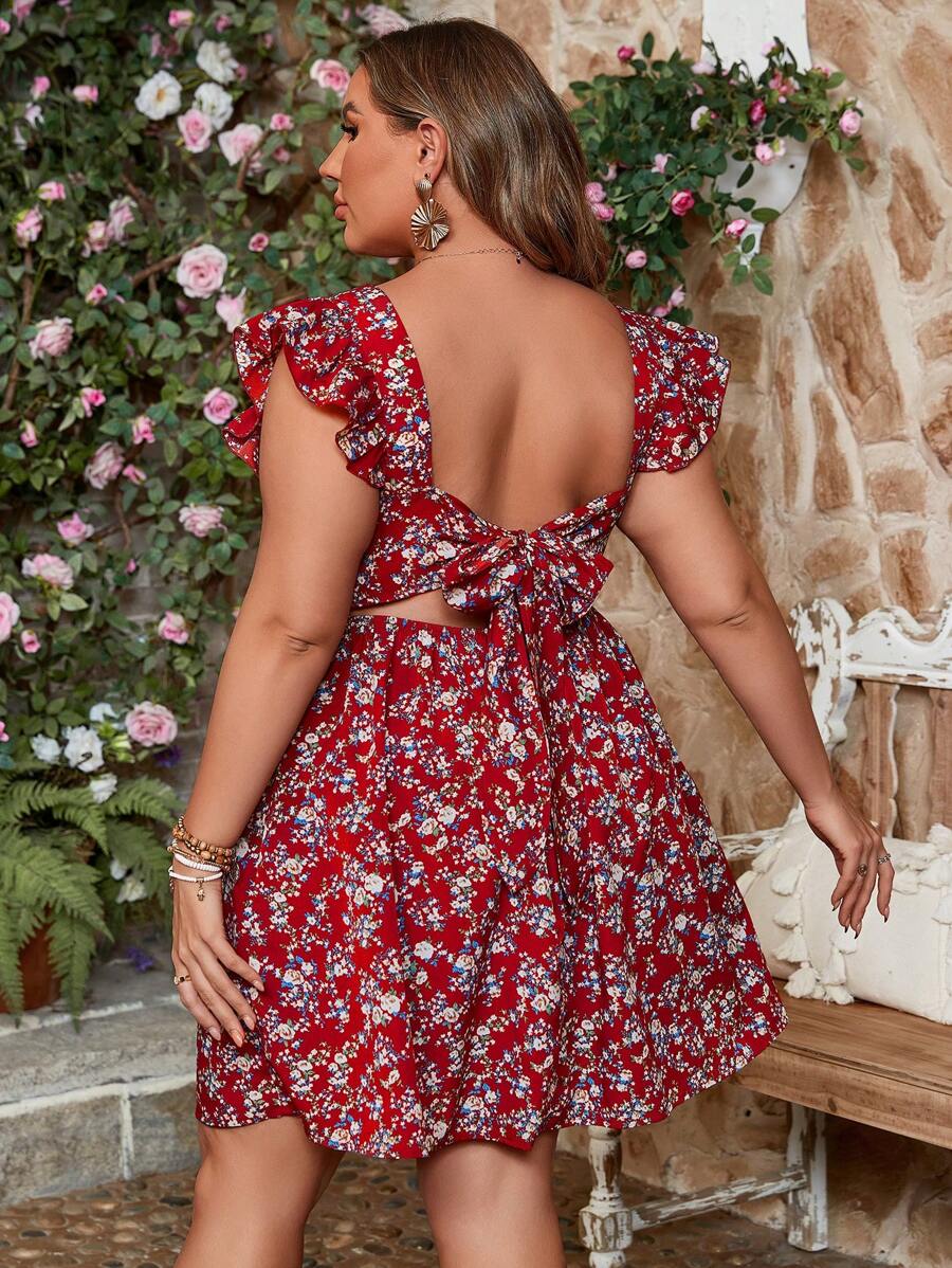 SHEIN VCAY Plus Size Floral Print Backless Tie-Up Beach Dress - Multicolor - View 1