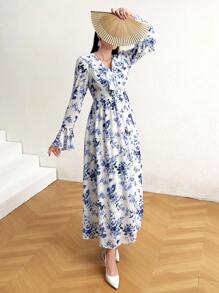 Modelyn Floral Printed Ruffle Hem Dress With Flare Sleeves Long Evening Dresses - Blue and White - View 6