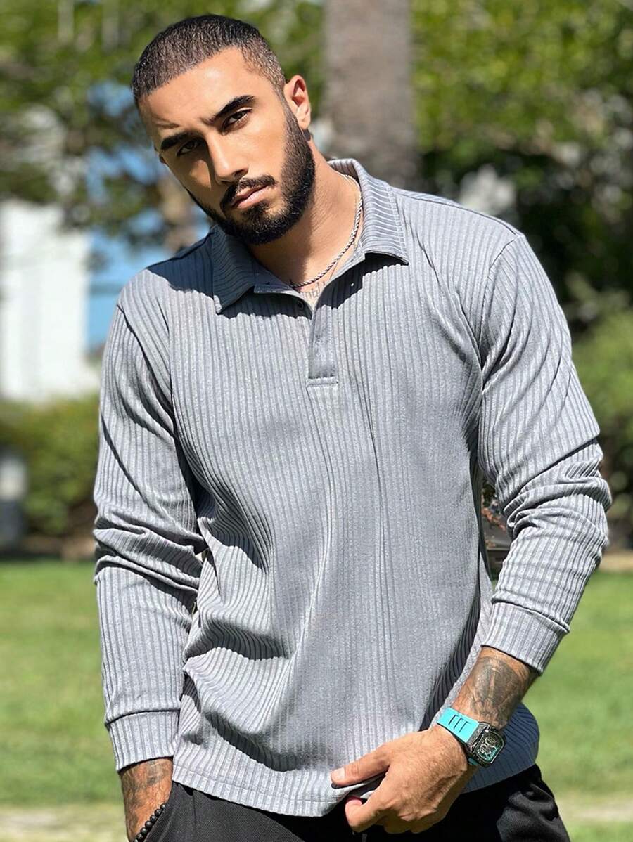 Camisas Polo De Manga Larga Para Hombres - Gris - Ver 1
