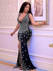 1pc Women's Deep V-Neck Rhinestone Decor High Slit Sleeveless Evening Dress