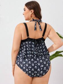 SHEIN Swim Curve Plus Size Summer Allover Printed Vest Style Tankini, Bathing Suit Beach Outfit Vacay Vibe - Multicolor - View 2