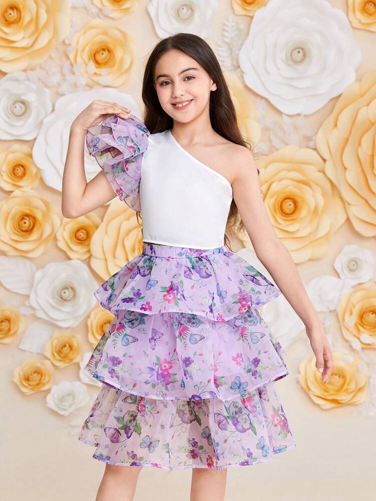 Tween Girl Cute Oblique Shoulder Blouse And Skirt Two-Piece Set