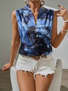 SHEIN Essnce Của phụ nữ Hoa văn đá cẩm thạch Không tay Áo sơ mi Với Vai - Màu xanh lam - Xem 4