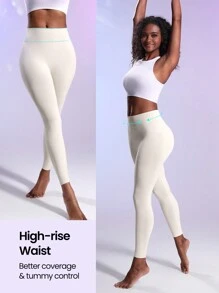 SHEIN Sports 純色高腰運動打底褲 - 米色 - 查看 8
