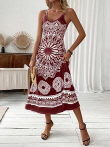 Women's Plant Printed Spaghetti Strap Dress - Brown - View 4