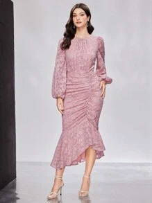 Modelyn Women's Lantern Sleeve Ruffled Hem Mermaid Bodycon Dress Long Evening Dresses