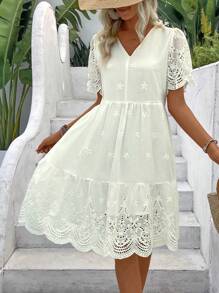 Breezaya Women's Burnout Flower Embroidery Ruffle Hem Doll Dress Vacation Beach Outfit