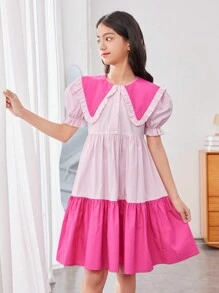 SHEIN Tween Girls' Loose Cute School Daily Color Block Bubble Sleeve Midi Dress