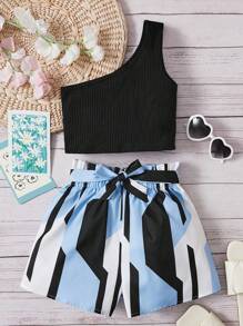SHEIN Conjunto informal de 2 piezas con top corto de un hombro de punto acanalado y shorts con estampado asimétrico y cintura con lazo para adolescentes - Multicolor - Ver 5