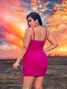 SHEIN SXY Plus Size Spring Summer  Rave Party Music Festival Country Concert Multilayer Fringe Cami Dress - Hot Pink - View 2