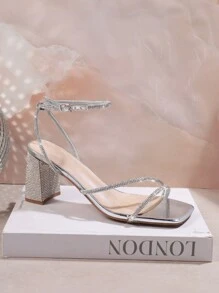 SHUZIA 女性夏季時尚鑽石腳踝帶粗跟高跟涼鞋 - 銀色 - 查看 2