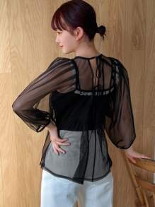 FRIFUL Women's Sheer Mesh Cami Top With Strap - Black - View 1