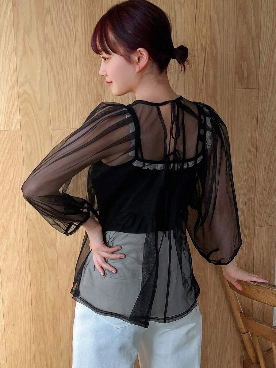 FRIFUL Women's Sheer Mesh Cami Top With Strap - Black - View 1