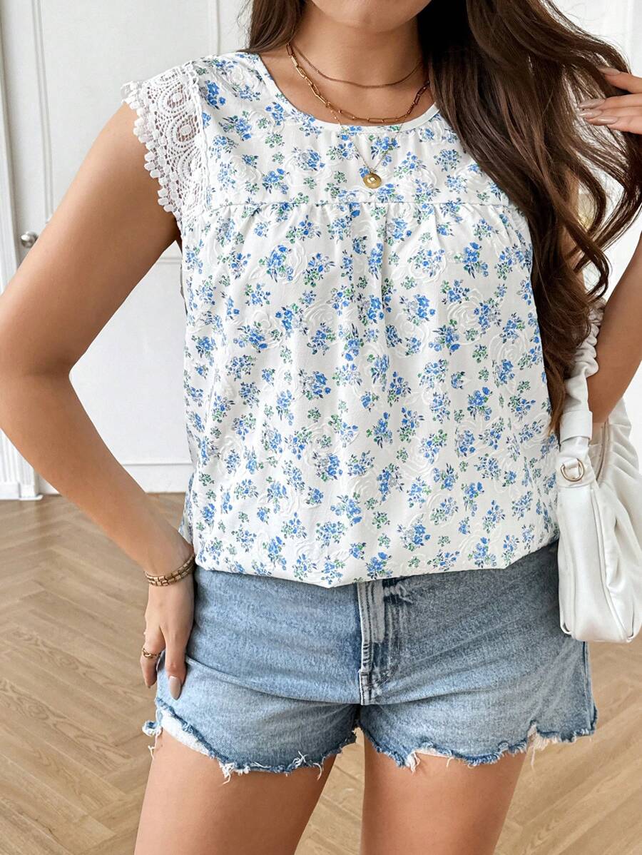 Flirla Plus Size Lace Trimmed Floral Print Patchwork Blouse - Multicolor - View 1