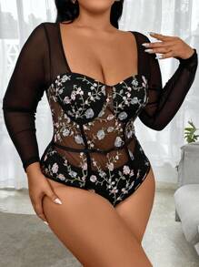 SHEIN LUNE 大码女式花卉刺绣网眼心形领紧身衣 - 黑色 - 查看 1