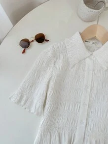 SHEIN Tween Girl Woven Solid Color Pleated Short Casual Shirt