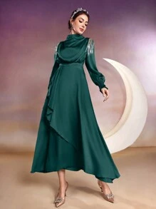 Modelyn 女款阿拉伯風格疊領流蘇袖下擺拼佈設計連身裙