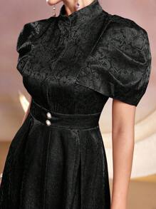 Modelyn Jacquard Stand Collar A-Line Casual Dress With Cinching Waist