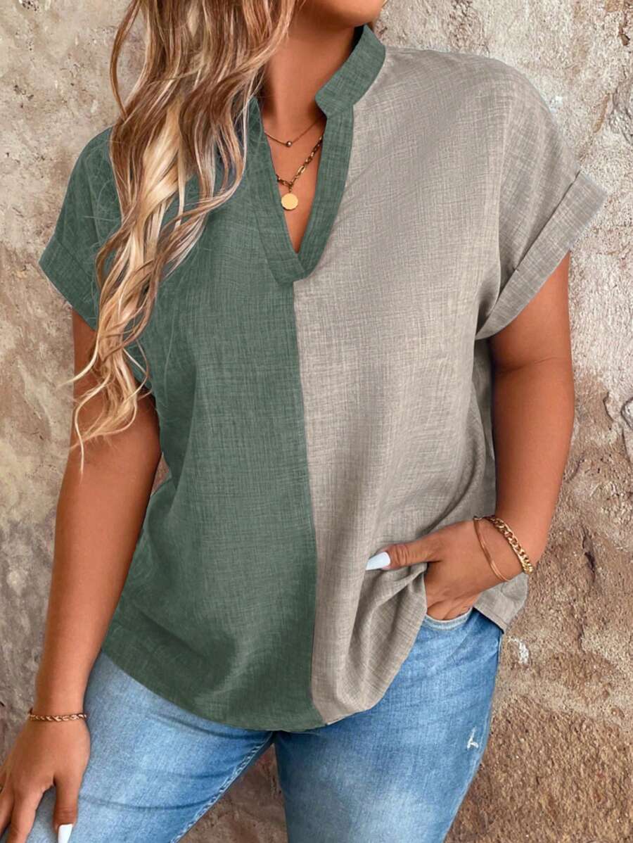 SHEIN LUNE Maglia Con Taglie Grandi Colore-bloccanti Con Scollo A V E Maniche A Pipistrello