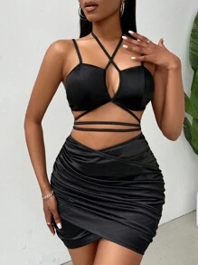 Zolique Cross Lace-Up Ruffle Dress - Black - View 1