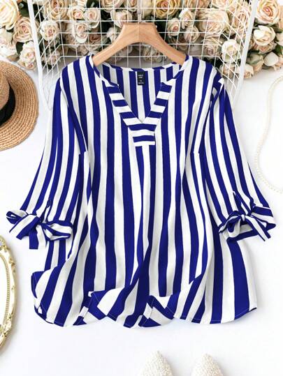 Plus Size Women's Striped Cuff Tie Front Shirt