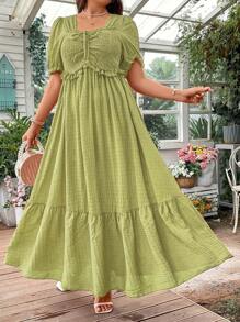 Breezaya 大碼純色紋理泡泡袖長裙 - 橄欖綠 - 查看 5