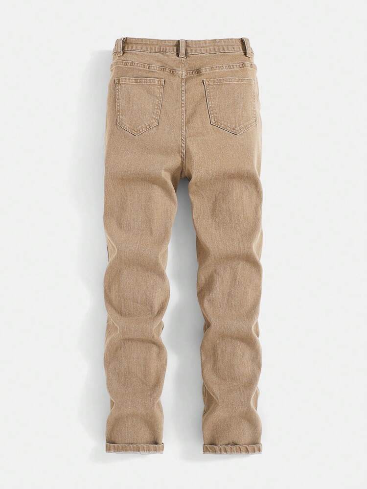 Teen Boy Ripped Frayed Khaki Denim Jeans, For Spring And Summer