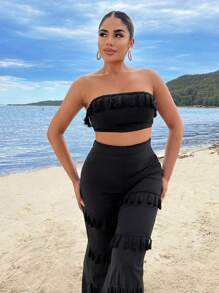 SHEIN SXY Crop Top With Tassels Embellishment And Straight Pants - Black - View 3