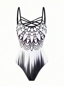 SHEIN Swim Trajes De Baño De Una Pieza Para Mujeres Con Estampado Gráfico Y Tirantes Cruzados, Para Verano, Playa, Vacaciones, Viajes, Festivales, Piscina Y Surf
