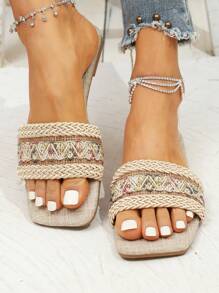 Của phụ nữ Đồ trang trí Rhinestone Dệt Họa tiết Hình học Phong cách Bohemian Dép phẳng Đối với Ngày lễ , Màu be - Nhiều màu - Xem 2