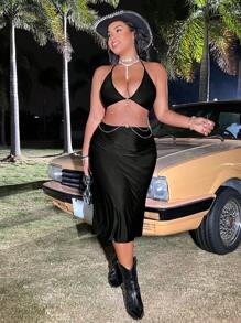 Flirla Plus Size Women's Chain Decorated Rhinestone Embellished Hollow-Out Halter Neck Tie Waist Dress - Black - View 5