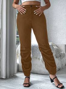 Calvaya Plus Size Solid Color Pencil Pants With Pleats Fall Cloth For Women - Brown - View 2