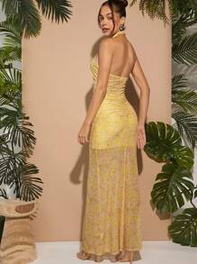 L'Amorae Halter Corset Draped Print Dress