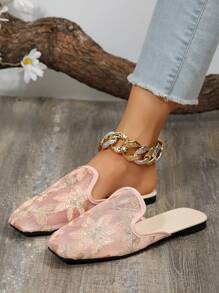 Fall/Winter Women's Flat Slippers Outside Square Toe Slip-Ons Summer Half Slippers New Embroidered Low-Heel Slides,Mule - Pink - View 3