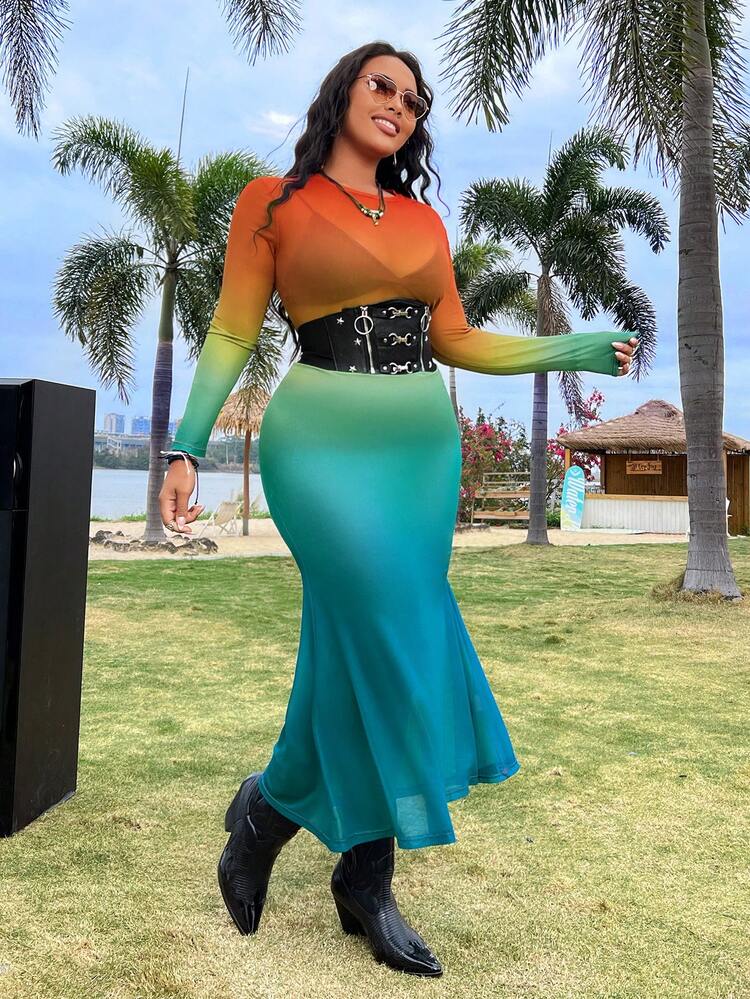 Plus Size Women's Gradient Long Sleeve Mesh Dress