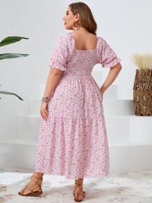 SHEIN VCAY Plus Size Boho Floral Print High Side Split Square Neck Dress, For Summer,Beach Dress Sundress,Holiday Outfits