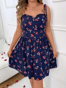 SHEIN SunnyBelle 大尺碼女士櫻桃印花肩帶系帶背心裙 - 藍色 - 查看 3