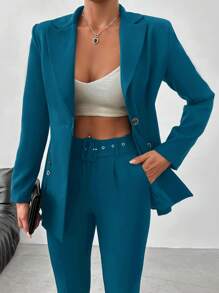 EURMUSE Của phụ nữ Màu thuần Cổ bẻ Nút đơn Bộ đồ Áo khoác Và Quần Bộ - Màu xanh lá cây đậm - Xem 4